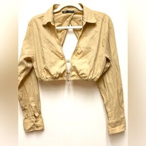 Zara Cropped Cut Out Blouse Medium Tan Festival Boho Vacation